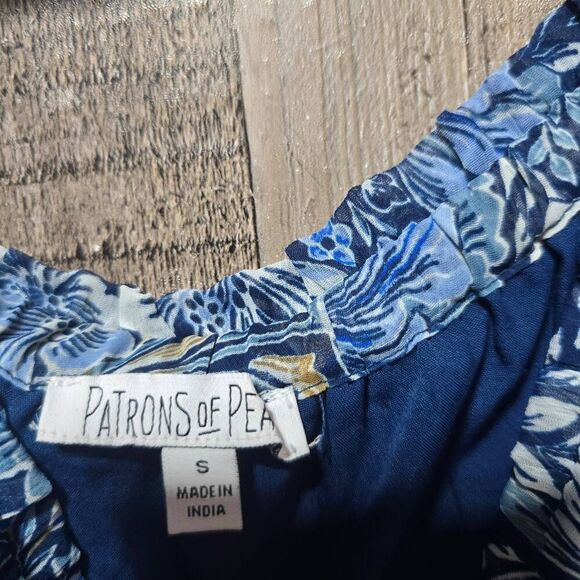 Patrons of Peace Dress Small Blue Floral Off Shoulder Smocked Ruffled Midi Boho - Picture 3 of 4